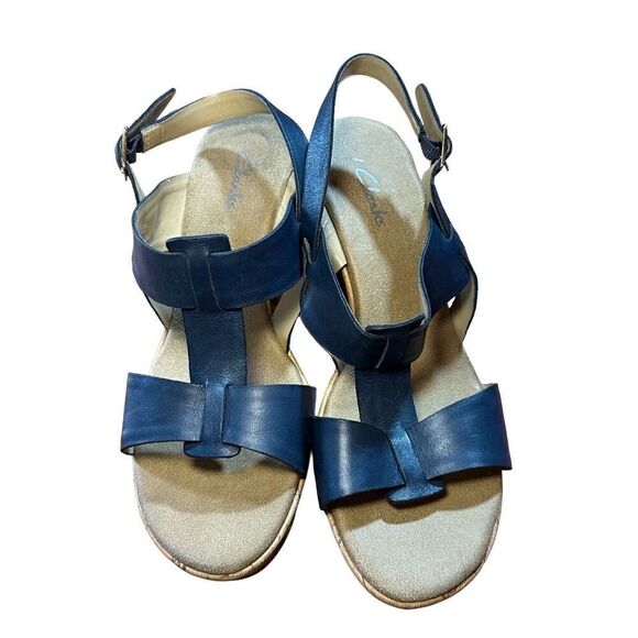 CLARKS Womens Size 10 Blue Cork Wedge Platform Leather Sandals Shoes Comfortable - Picture 12 of 13